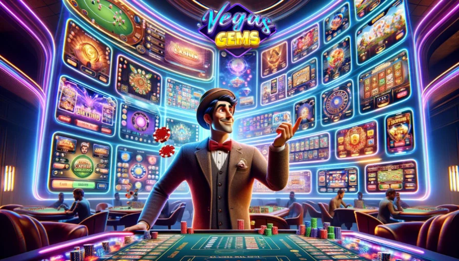 a man standing in from of the screen that illustrates different casino features